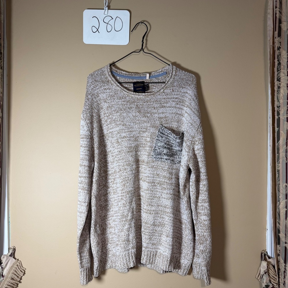 CPO Provisions Mens XL Marled Knit Crewneck Sweater Tan White Chest Pocket